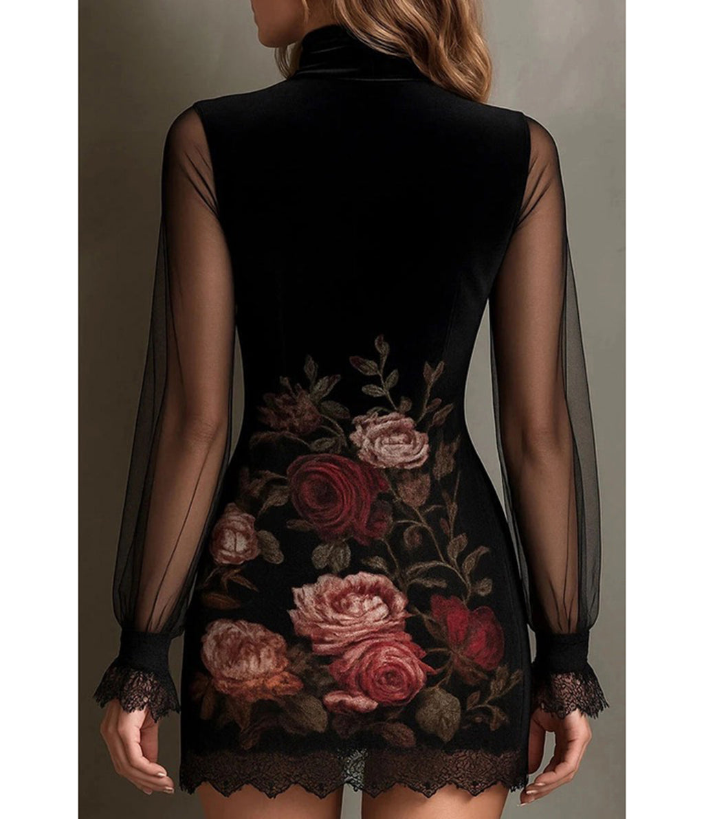 Black Floral & Mesh Overlay Mini Dress