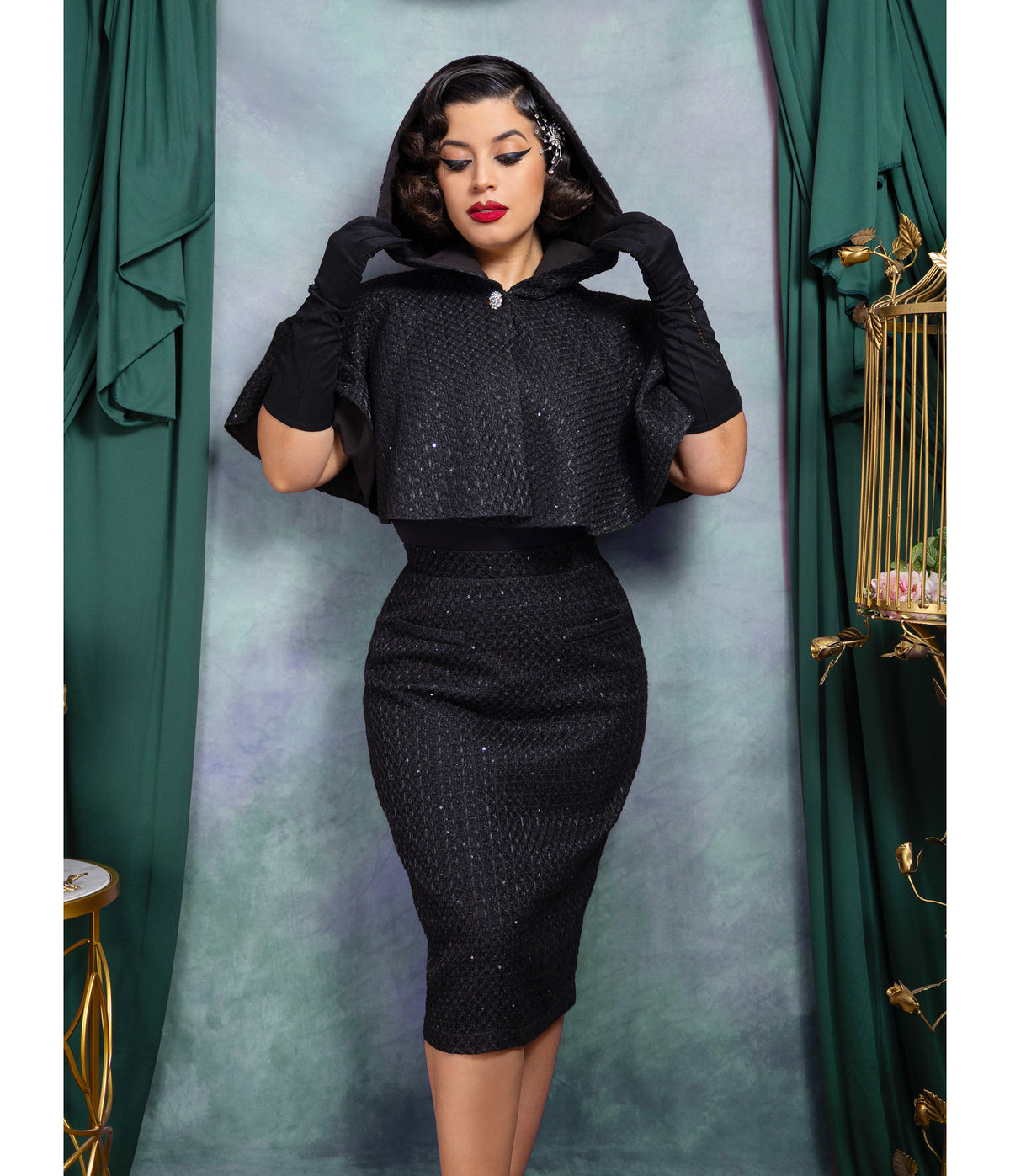 Black Sequin Tweed Helena Capelet & Skirt Set