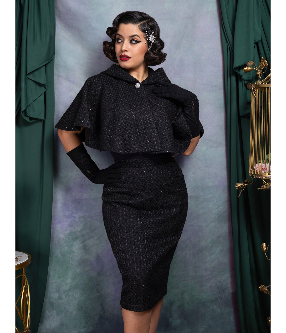 Black Sequin Tweed Helena Capelet & Skirt Set
