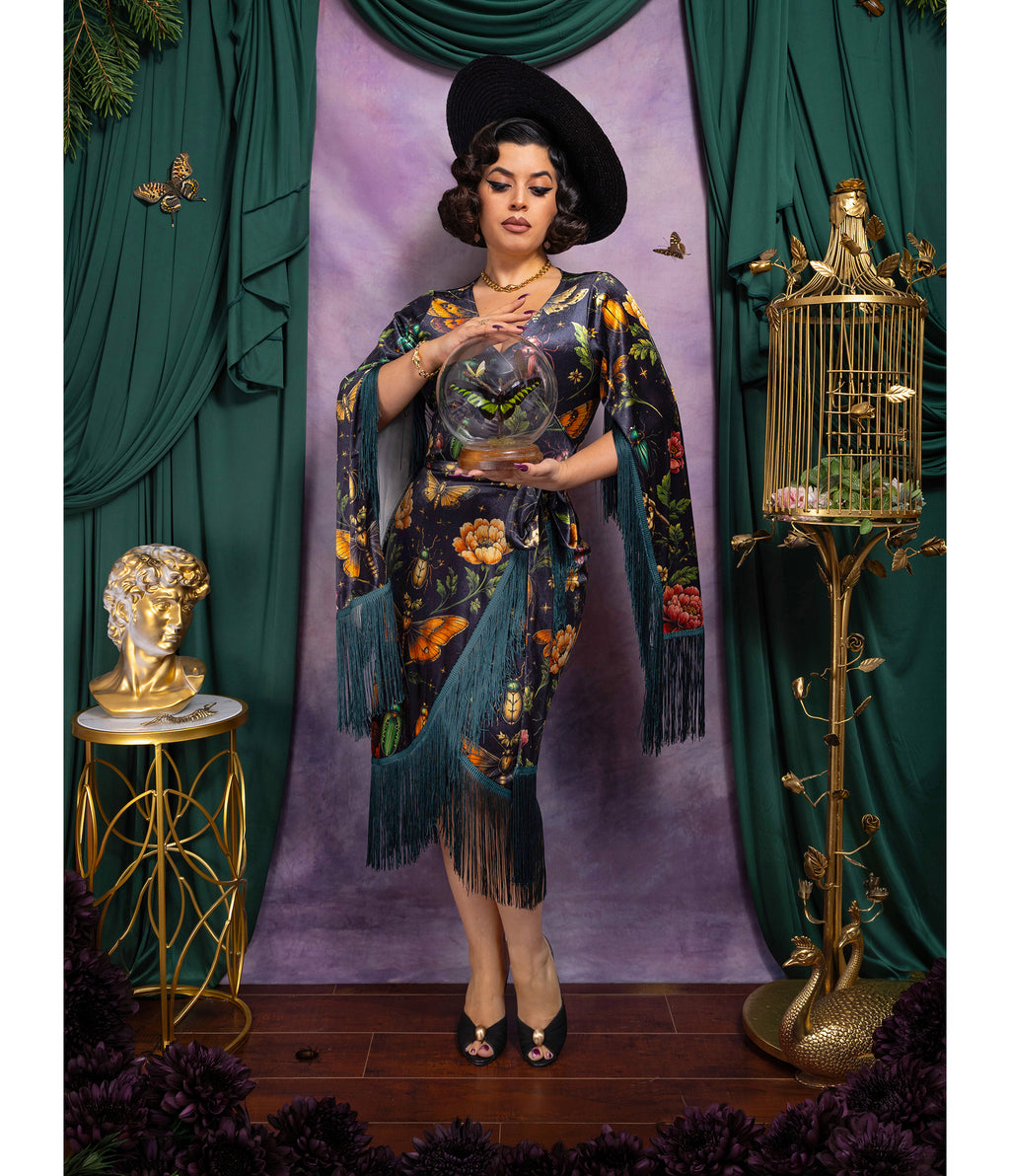 Mystic Insect Fringed Magdalena Velvet Wrap Dress