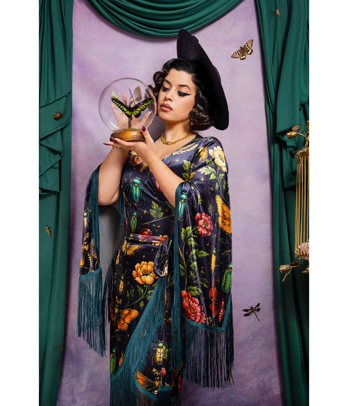 Mystic Insect Fringed Magdalena Velvet Wrap Dress