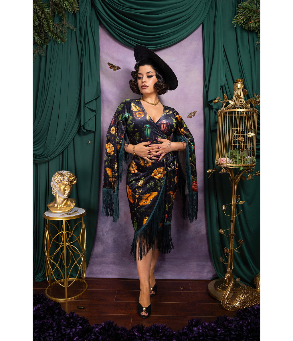 Mystic Insect Fringed Magdalena Velvet Wrap Dress