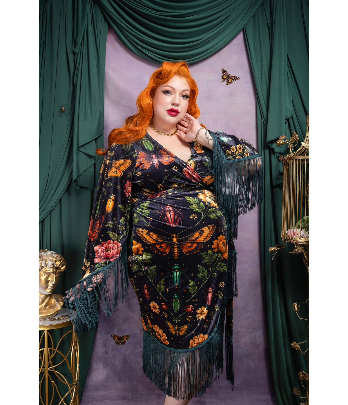 Mystic Insect Fringed Magdalena Velvet Wrap Dress