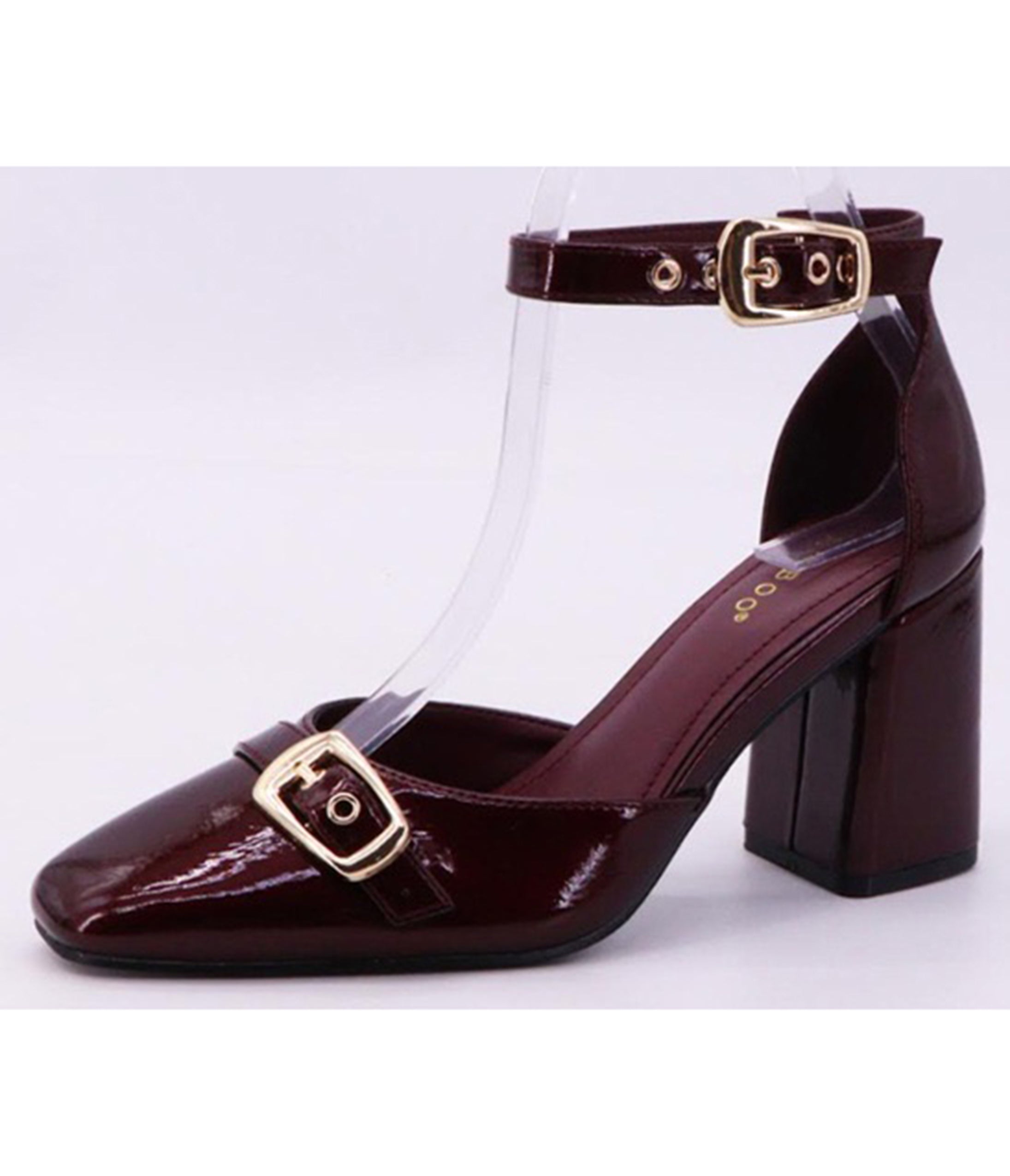 Burgundy Patent Faux Leather Ankle Strap Block Heels