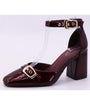Burgundy Patent Faux Leather Ankle Strap Block Heels