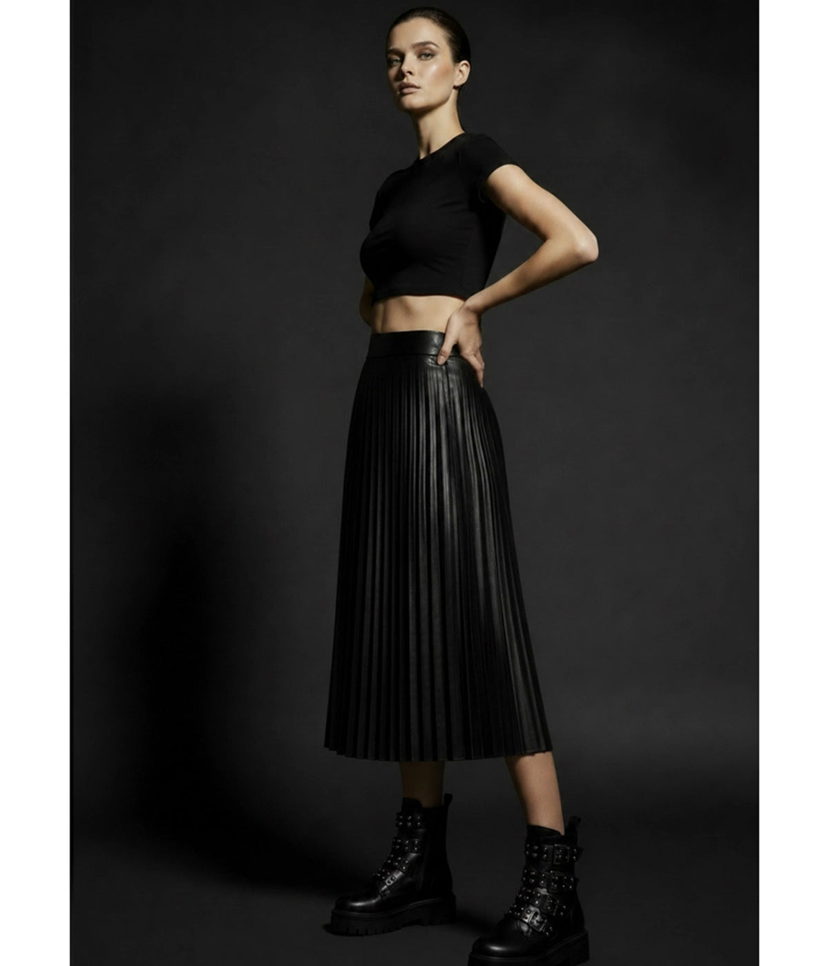 Black Vegan Leather Pleated Midi Skirt