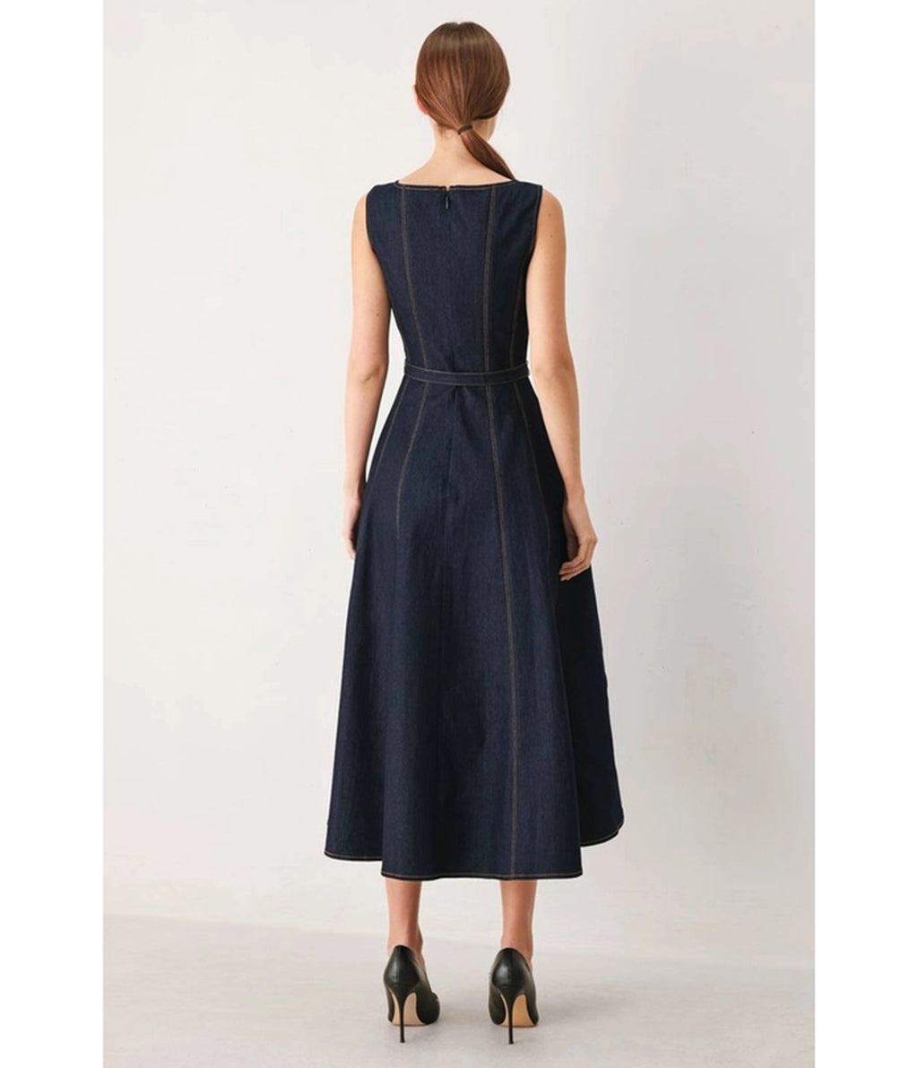 Dark Denim Sleeveless Belted Midi Dress