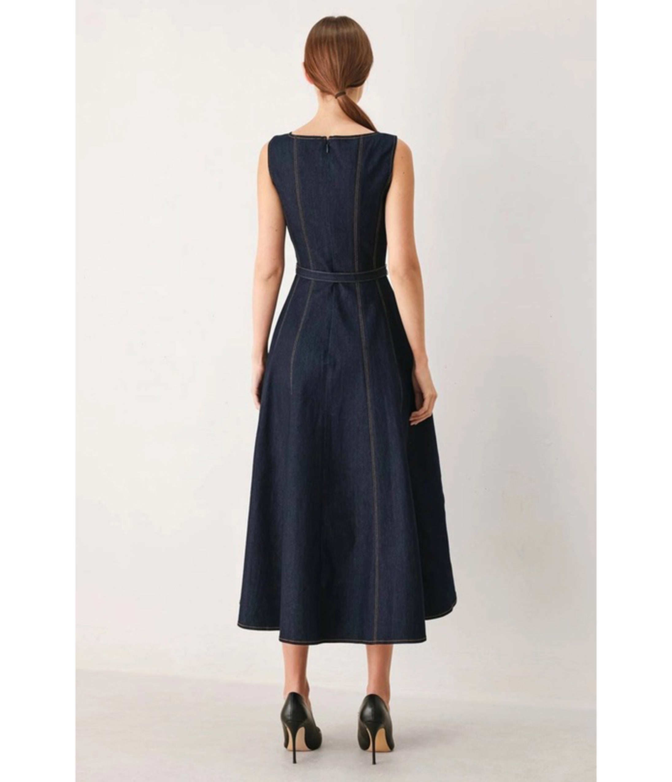 Dark Denim Sleeveless Belted Midi Dress