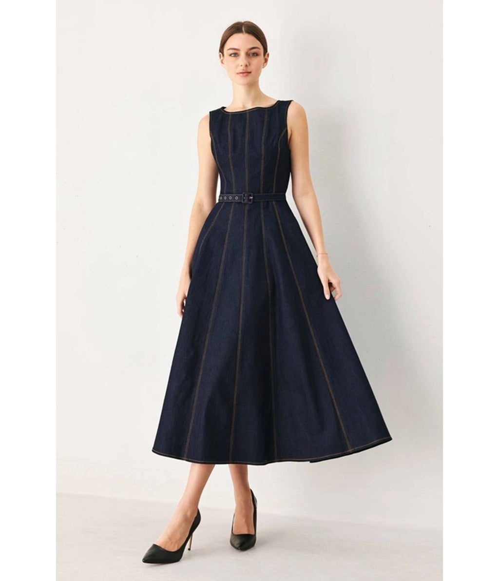 Dark Denim Sleeveless Belted Midi Dress