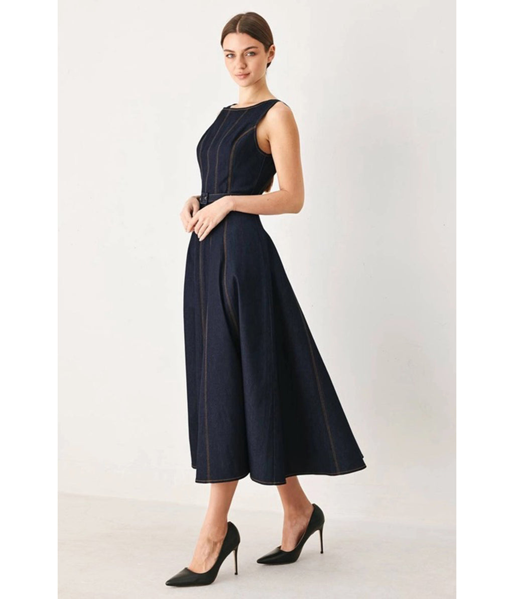 Dark Denim Sleeveless Belted Midi Dress