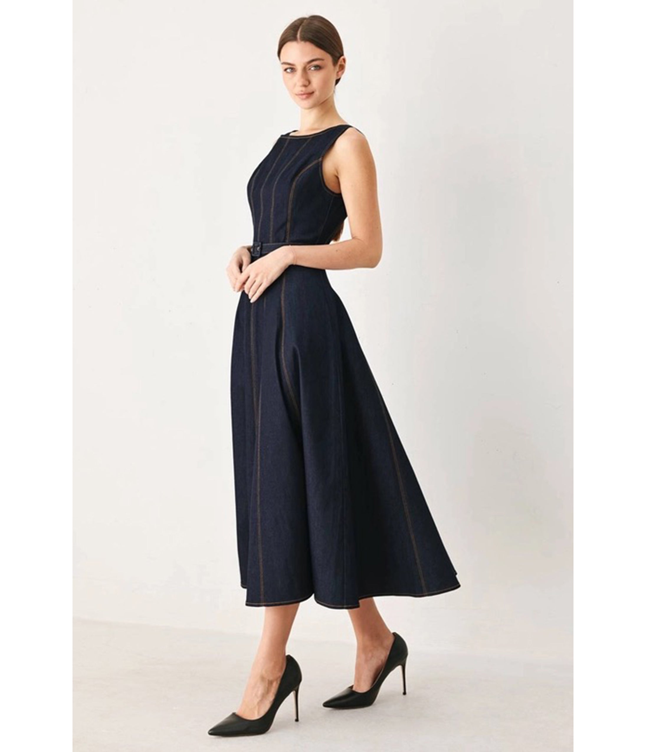 Dark Denim Sleeveless Belted Midi Dress