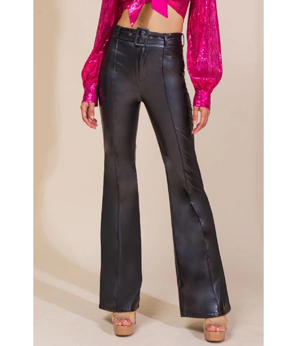 Black Faux Leather High-Waisted Flare Pants