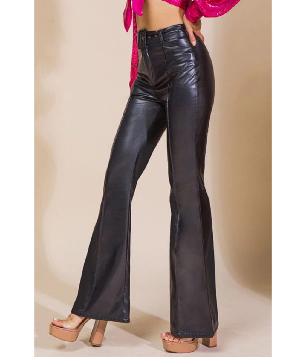 Black Faux Leather High-Waisted Flare Pants