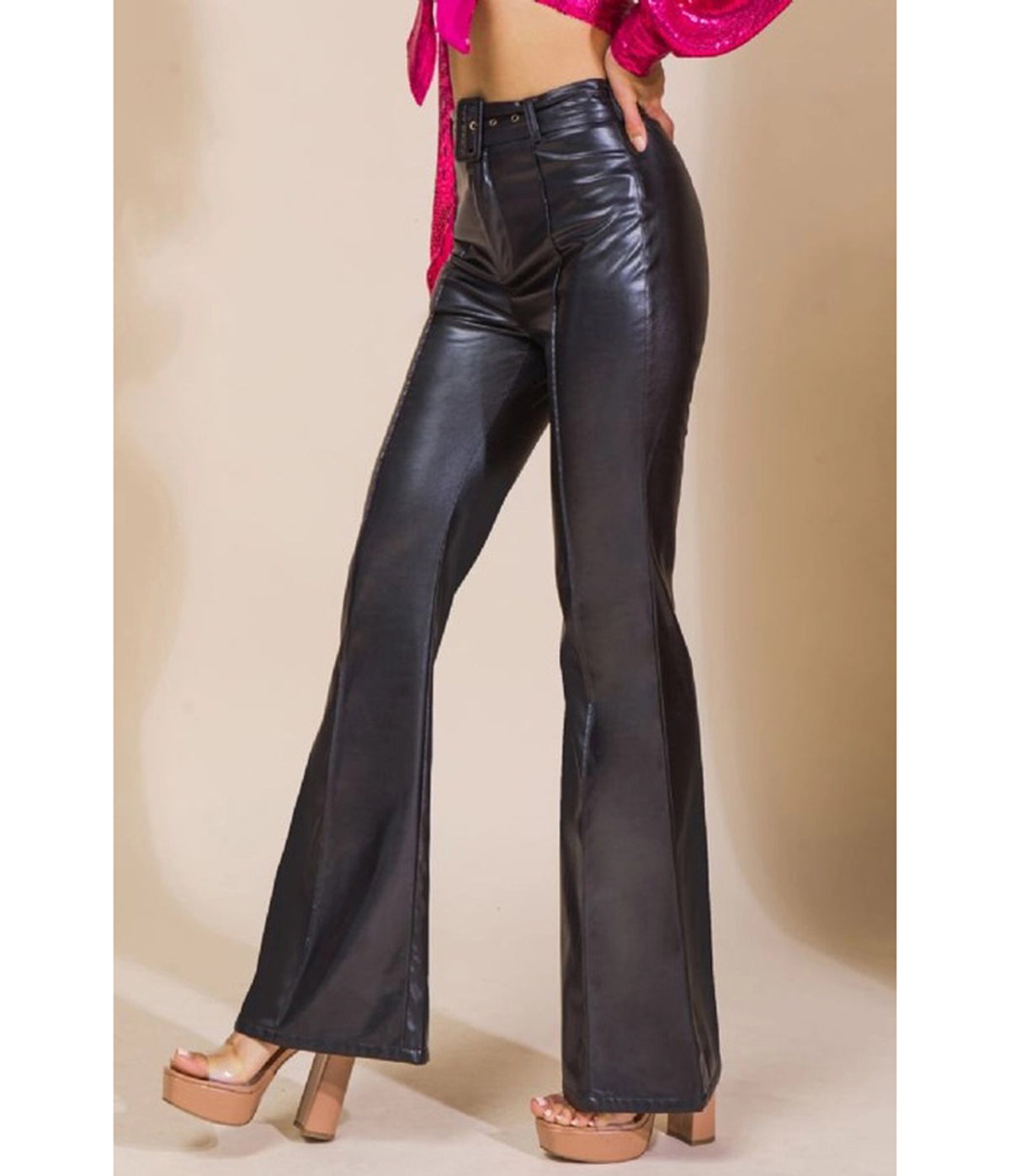 Black Faux Leather High-Waisted Flare Pants