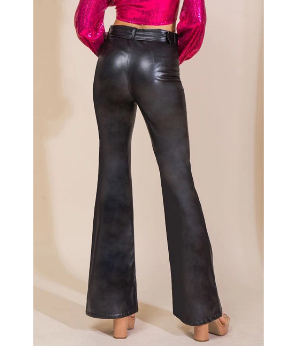 Black Faux Leather High-Waisted Flare Pants