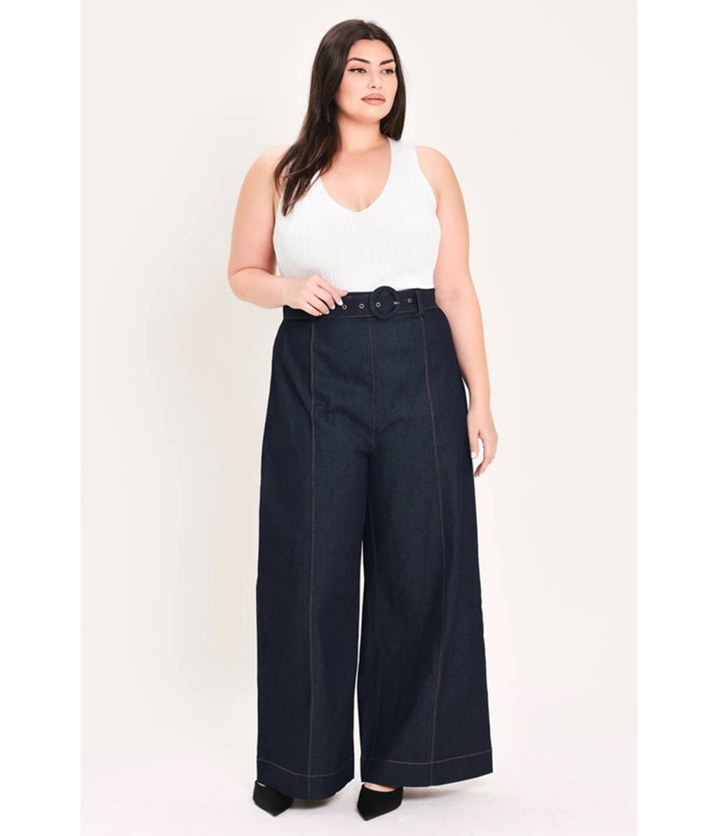 Plus Size Dark Denim High-Waisted Wide-Leg Pants