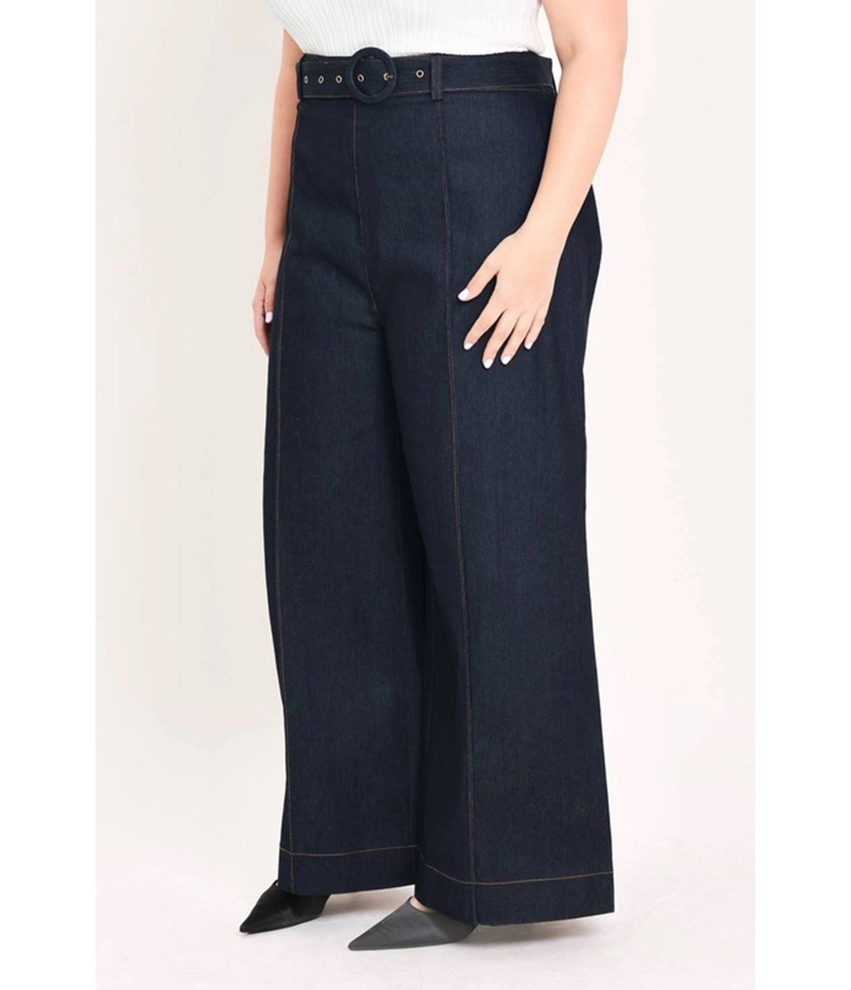 Plus Size Dark Denim High-Waisted Wide-Leg Pants