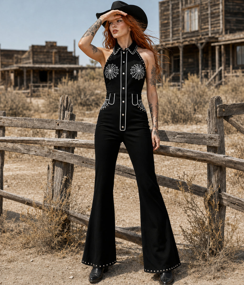 Black Spiderweb Embroidered Studded Western Jumpsuit