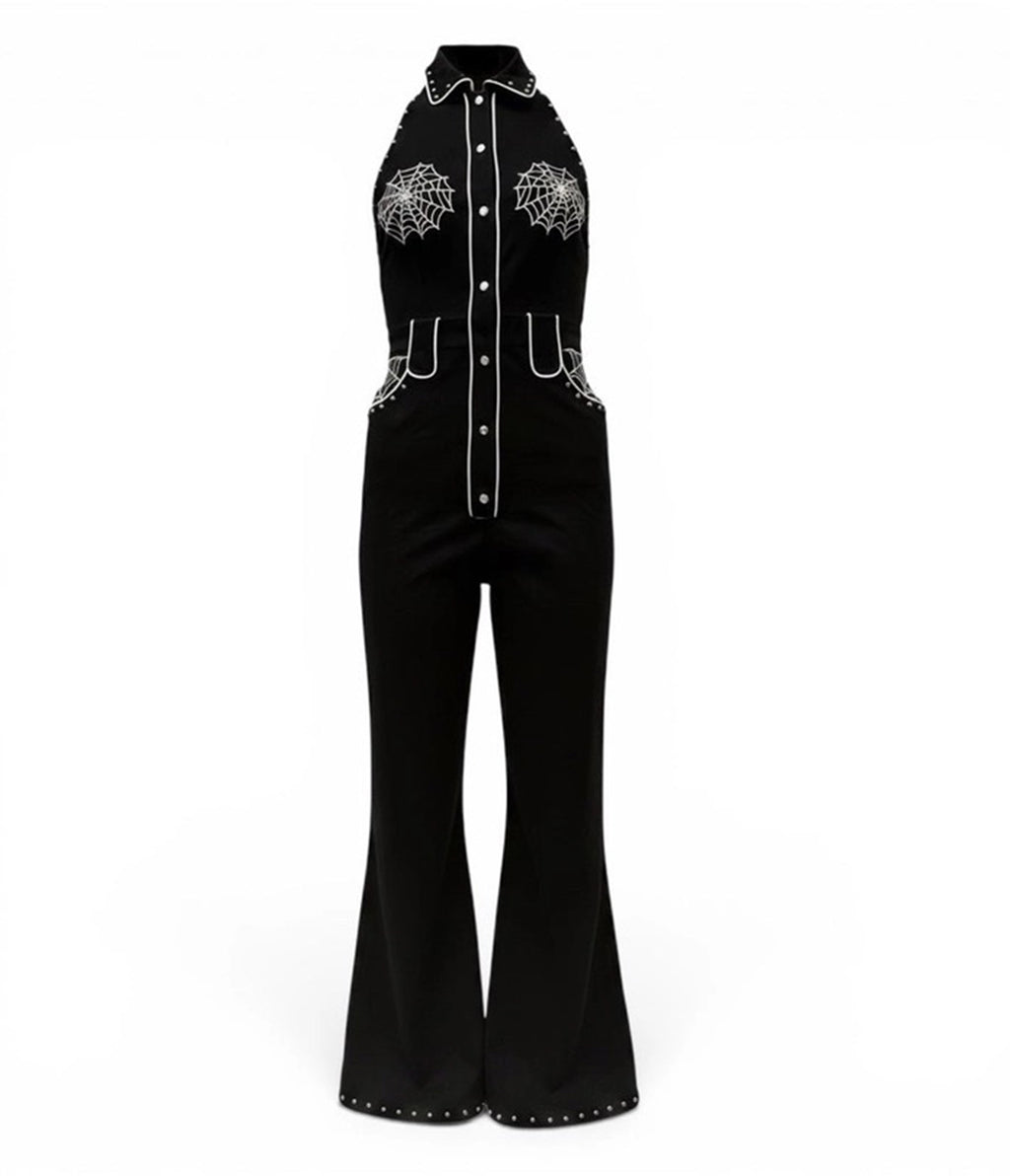 Black Spiderweb Embroidered Studded Western Jumpsuit