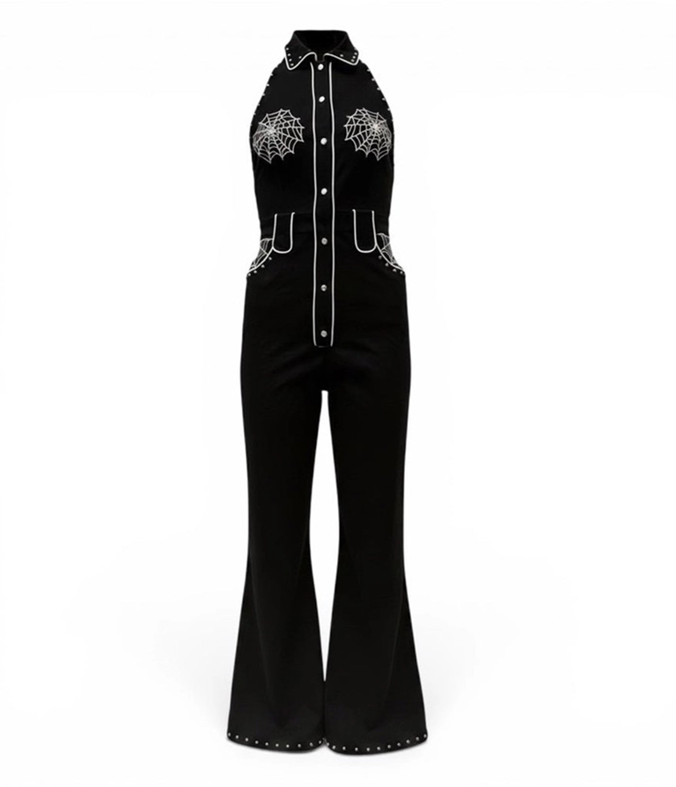 Black Spiderweb Embroidered Studded Western Jumpsuit