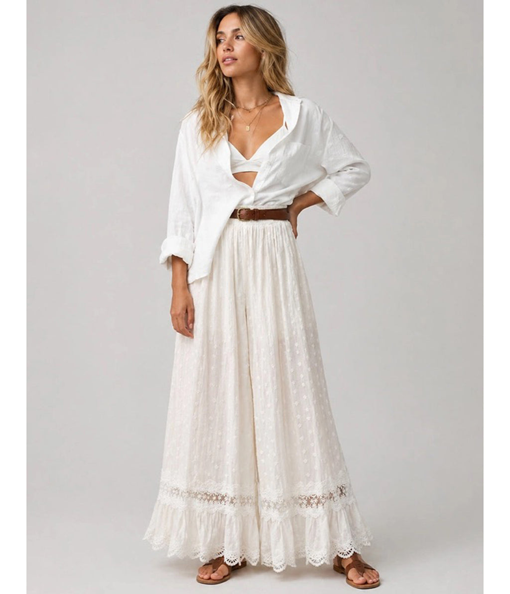Ivory Clip Dot & Lace Wide Leg Pants