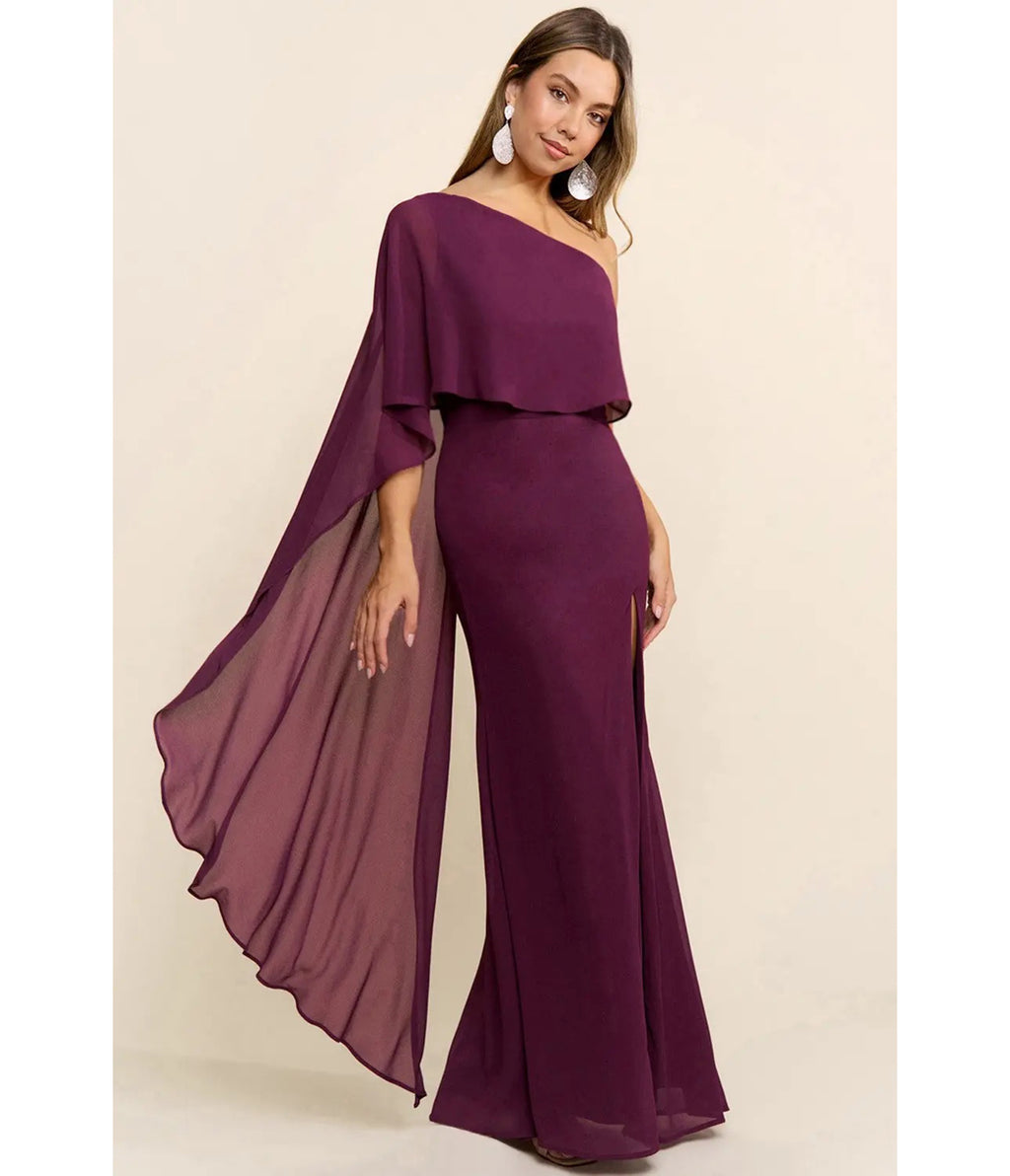 Burgundy One-Shoulder Cape Maxi Dress