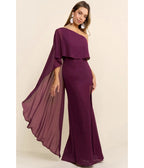 Burgundy One-Shoulder Cape Maxi Dress