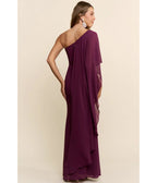 Burgundy One-Shoulder Cape Maxi Dress