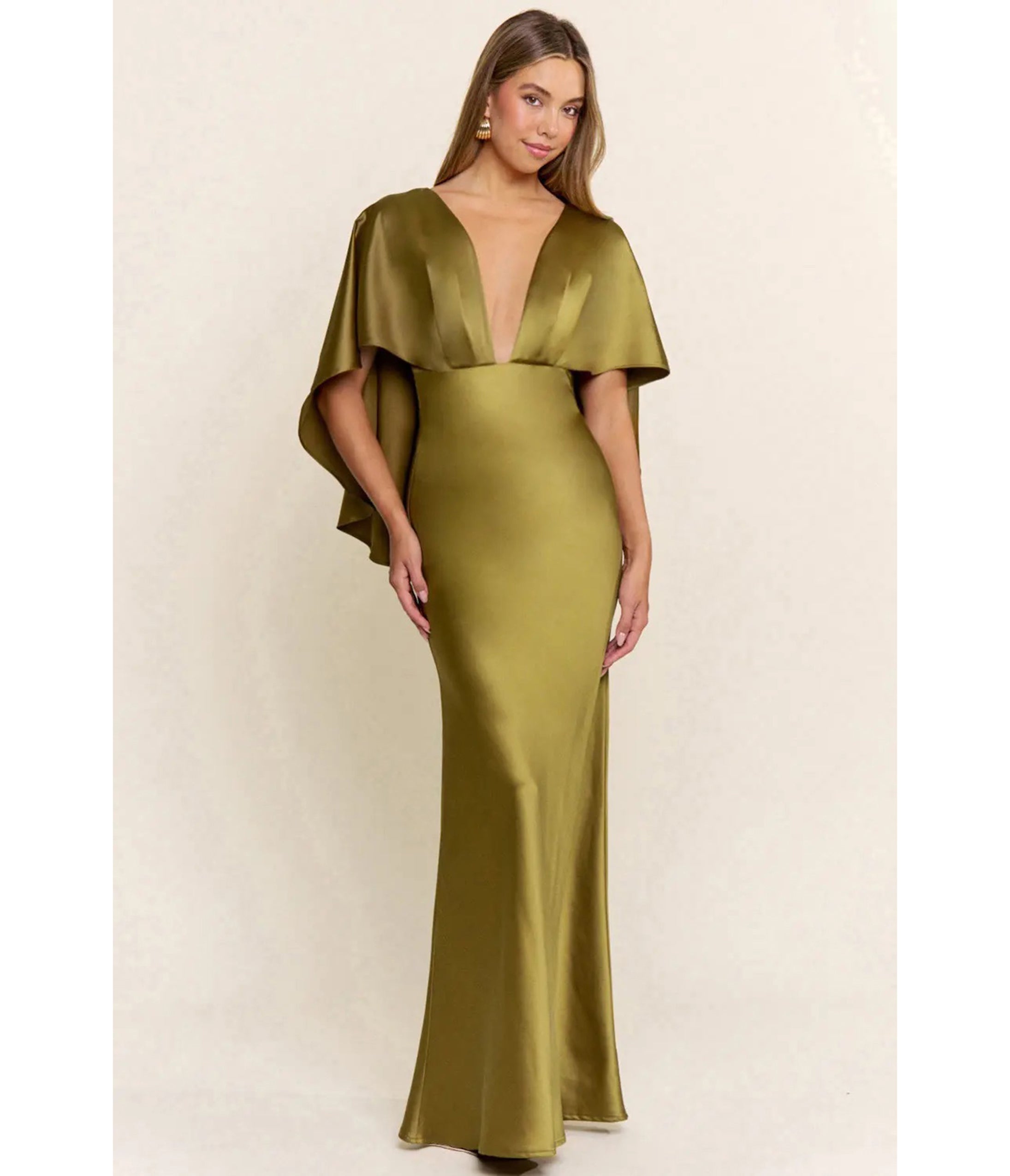 Olive Cape Sleeve Deep Neckline Maxi Dress