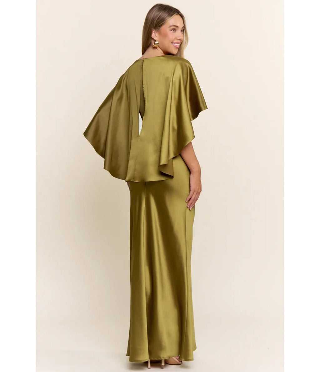 Olive Cape Sleeve Deep Neckline Maxi Dress