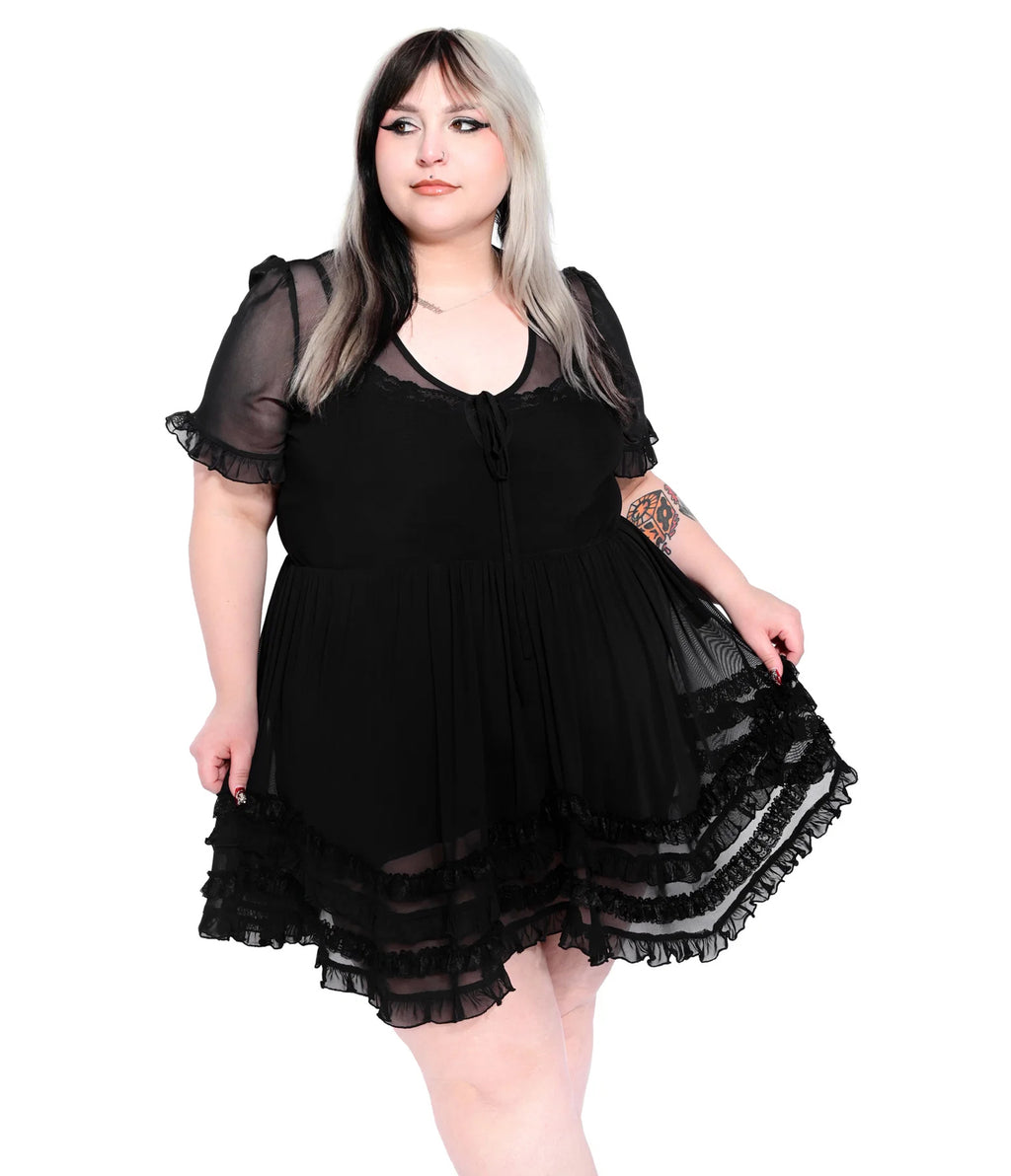 Foxblood Black Sheer Mesh Coralie Babydoll Dress