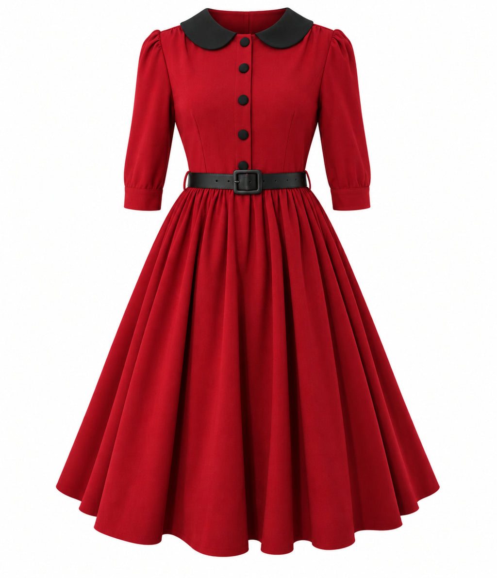 Burgundy & Black Peter Pan Collar Swing Dress