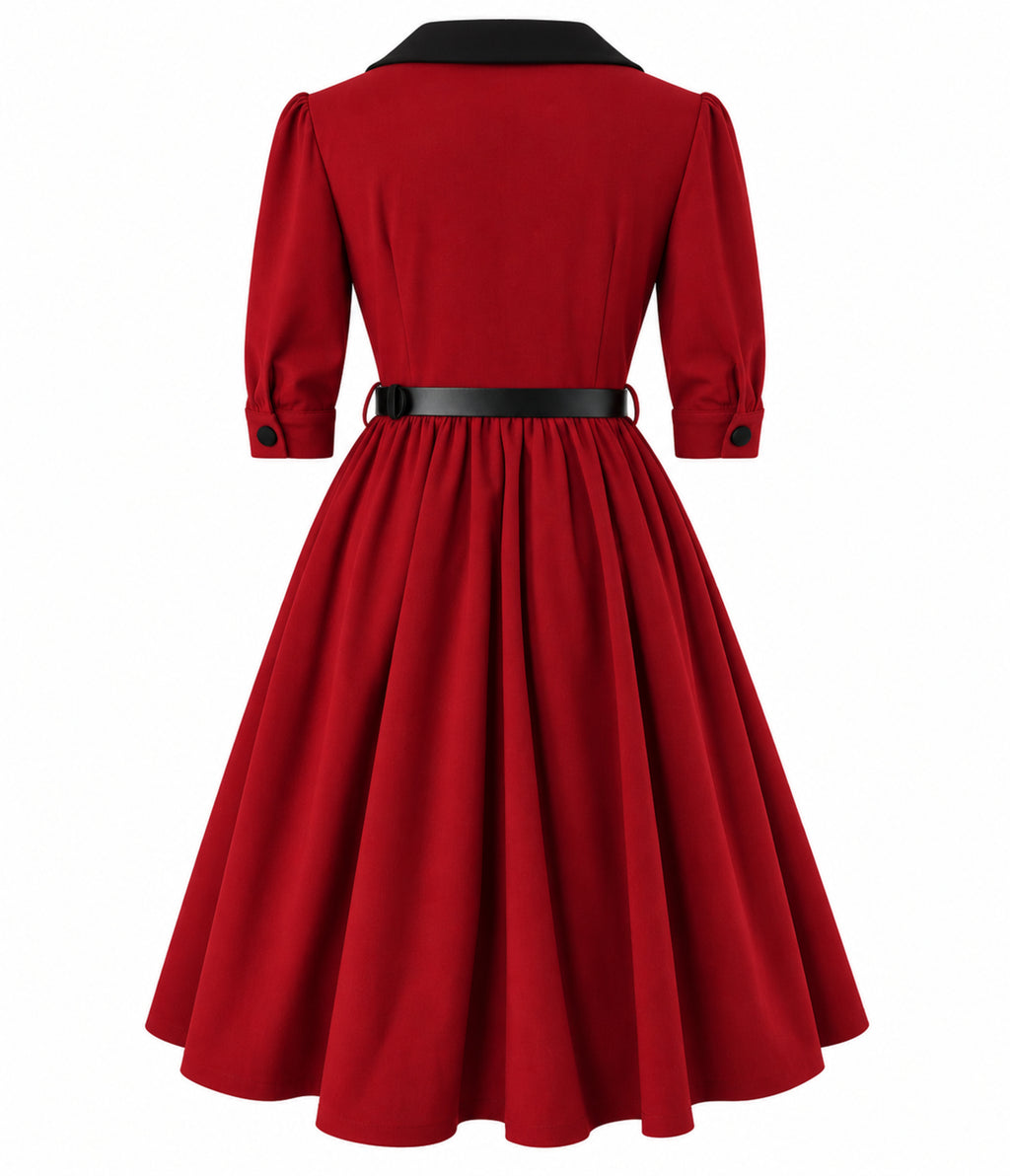 Burgundy & Black Peter Pan Collar Swing Dress