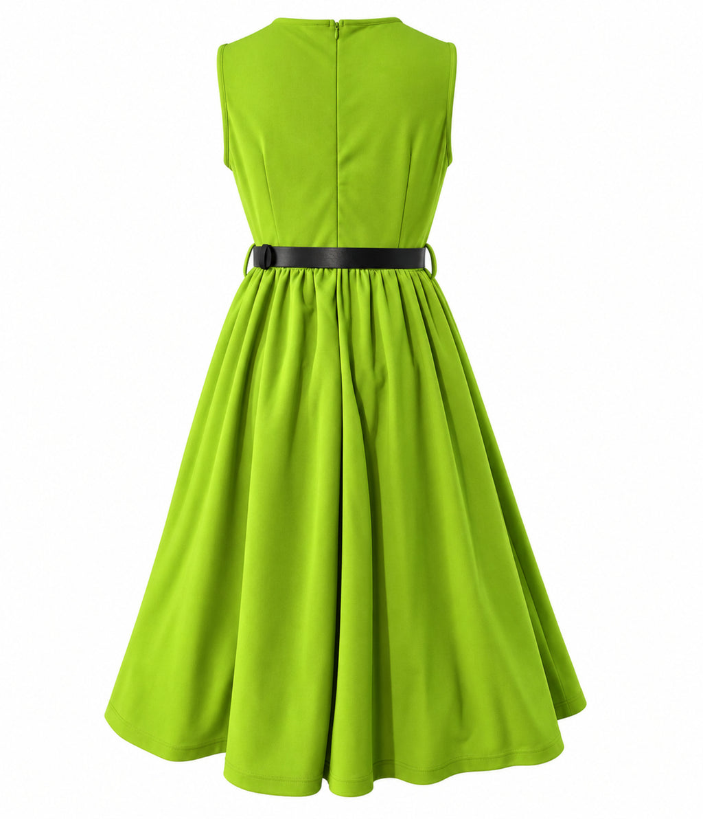 Chartreuse & Black Sleeveless Belted Swing Dress