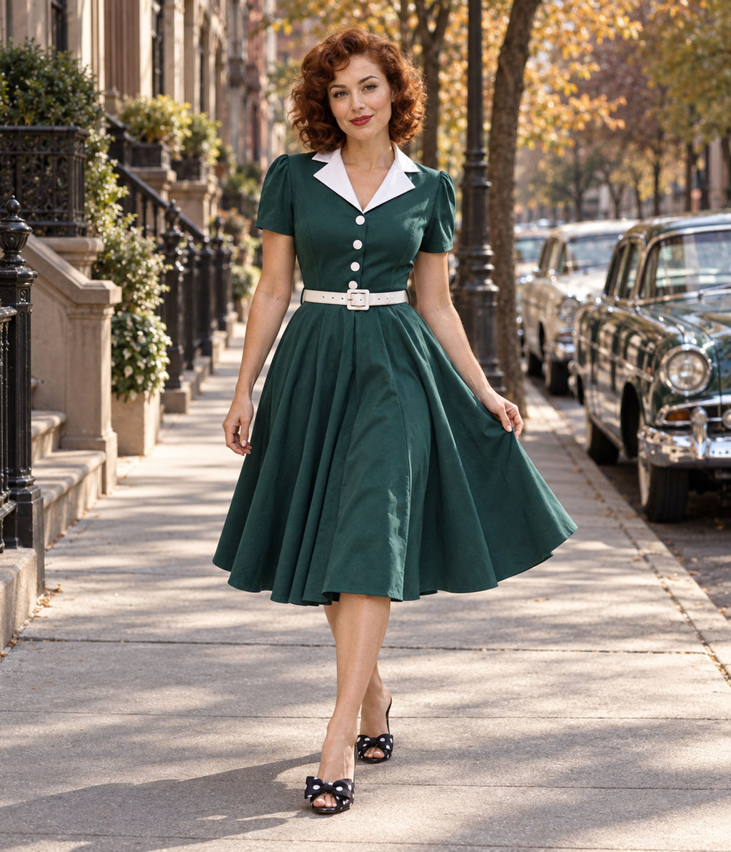 Teal & White Collared Swing Dress