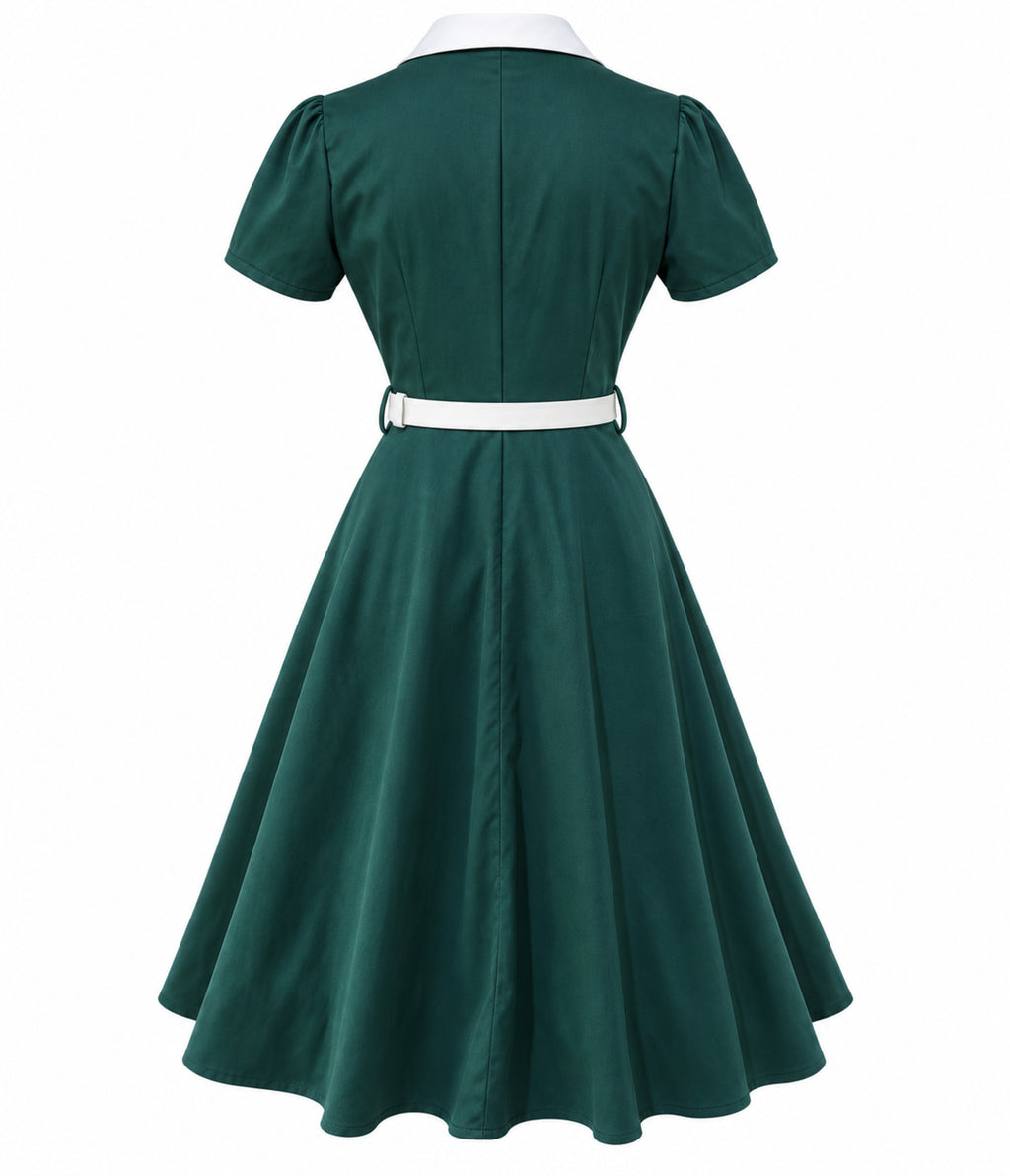 Teal & White Collared Swing Dress
