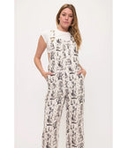 Ivory Vintage Cat Print Wide Leg Overalls