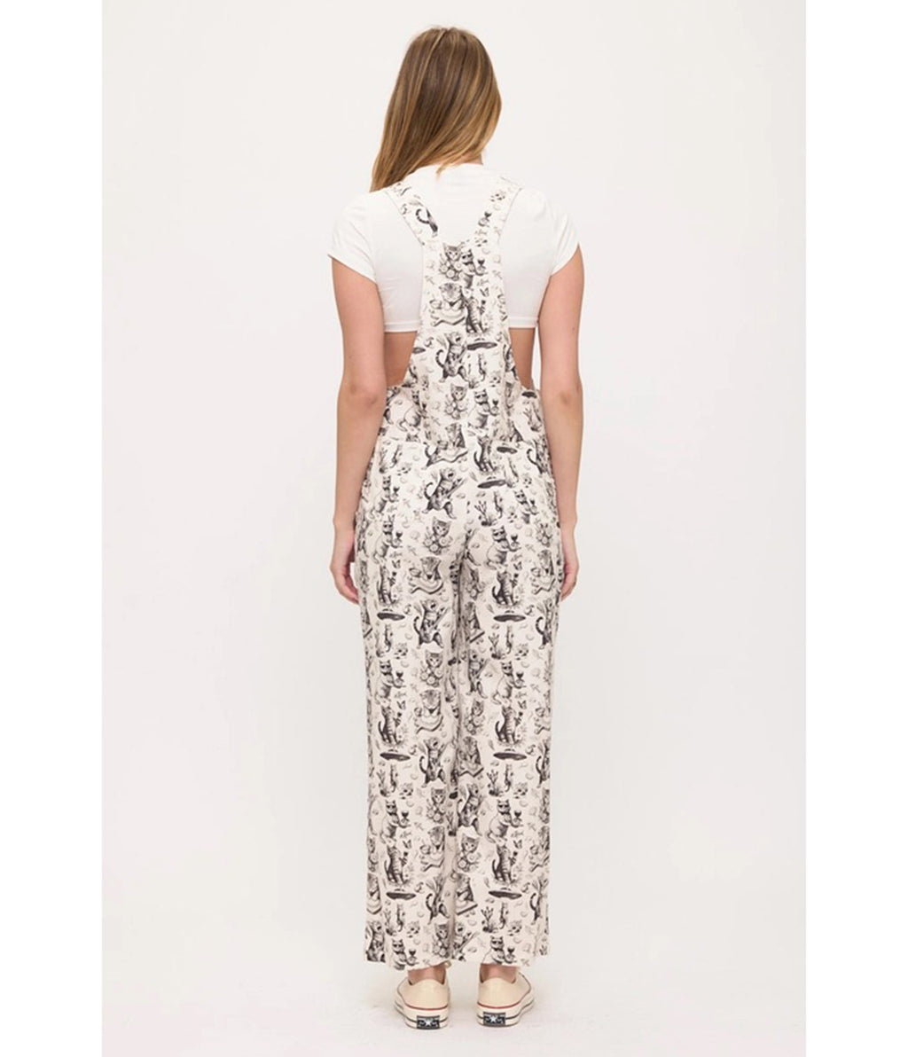 Ivory Vintage Cat Print Wide Leg Overalls
