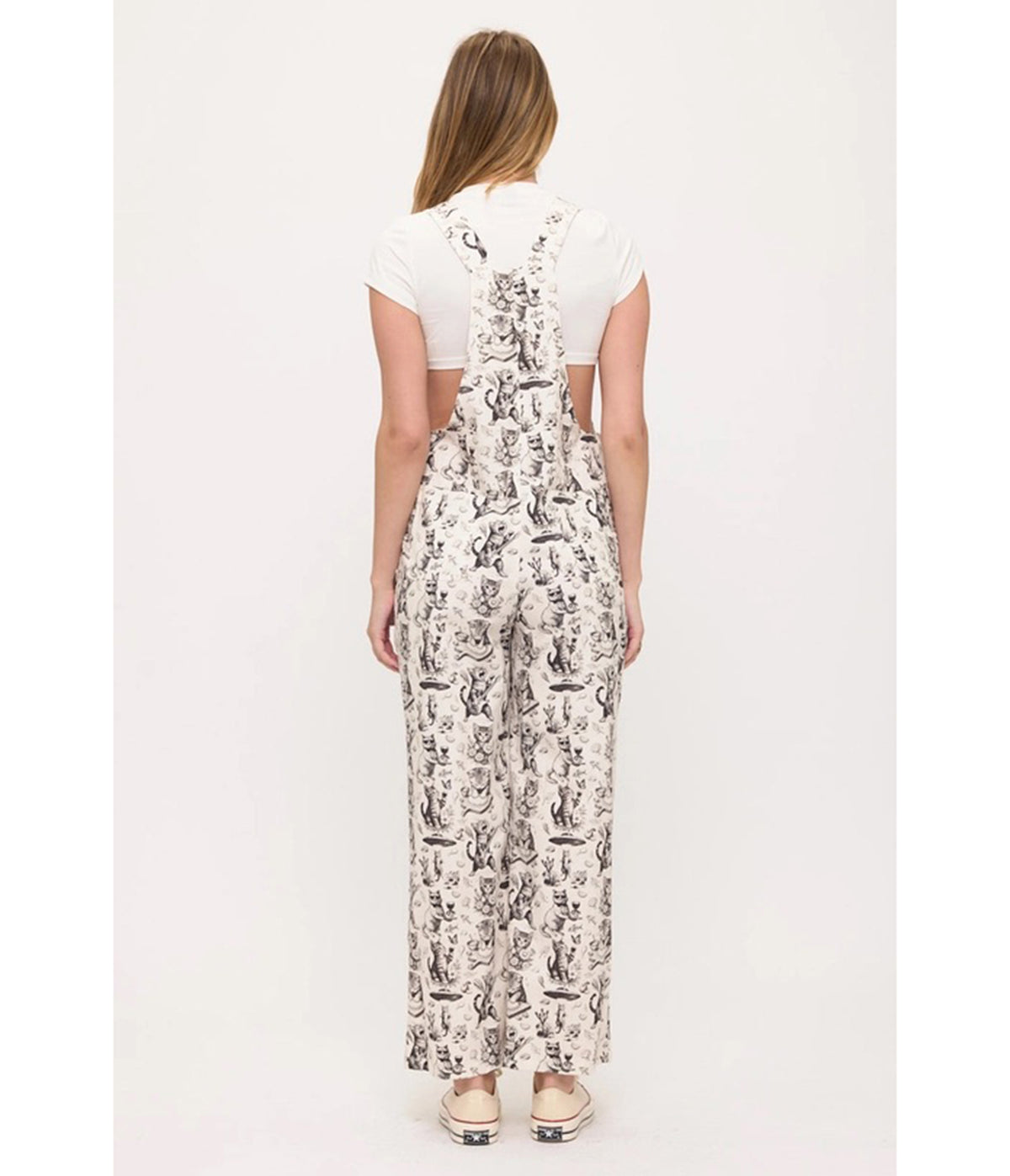 Ivory Vintage Cat Print Wide Leg Overalls