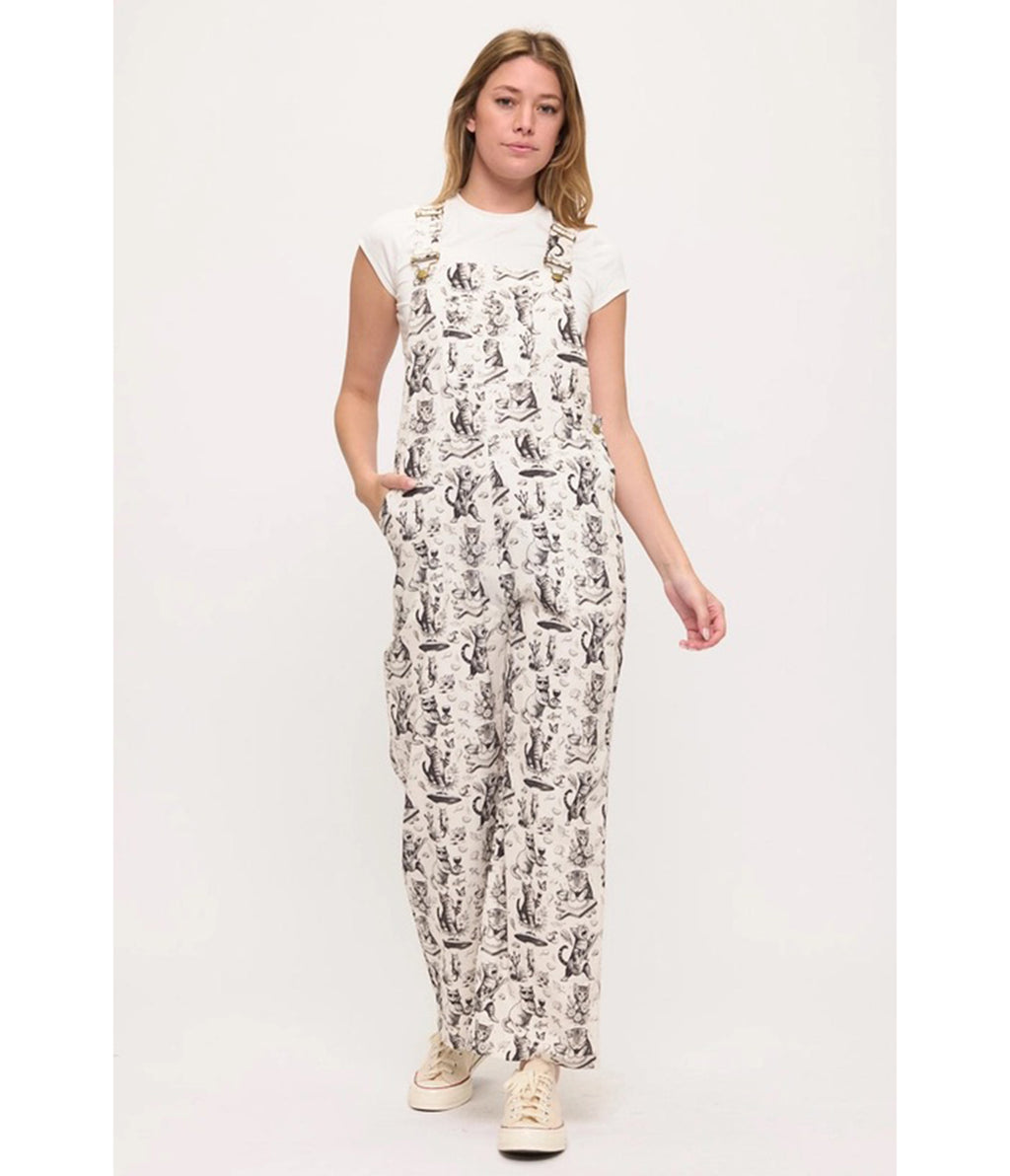 Ivory Vintage Cat Print Wide Leg Overalls