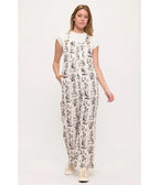 Ivory Vintage Cat Print Wide Leg Overalls