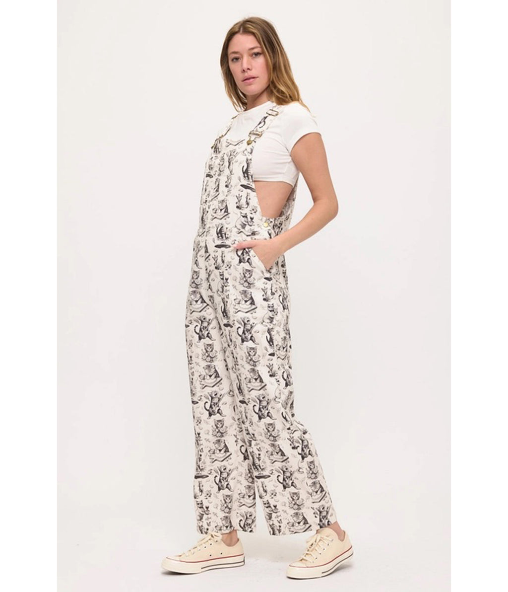 Ivory Vintage Cat Print Wide Leg Overalls