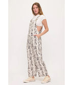 Ivory Vintage Cat Print Wide Leg Overalls