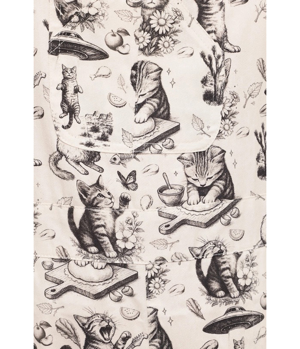 Ivory Vintage Cat Print Wide Leg Overalls