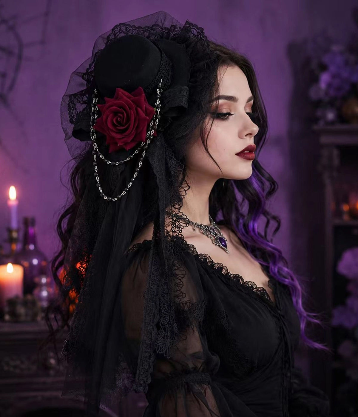 Black Lace Veil Burgundy Rose Clip Headband