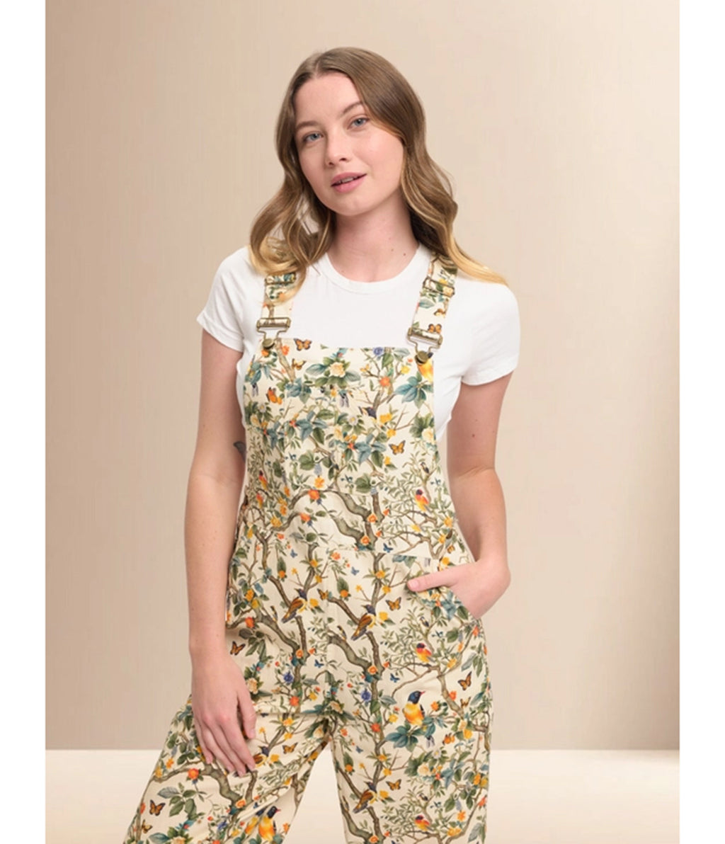 Cream Floral Bird Print Wide Leg Overalls