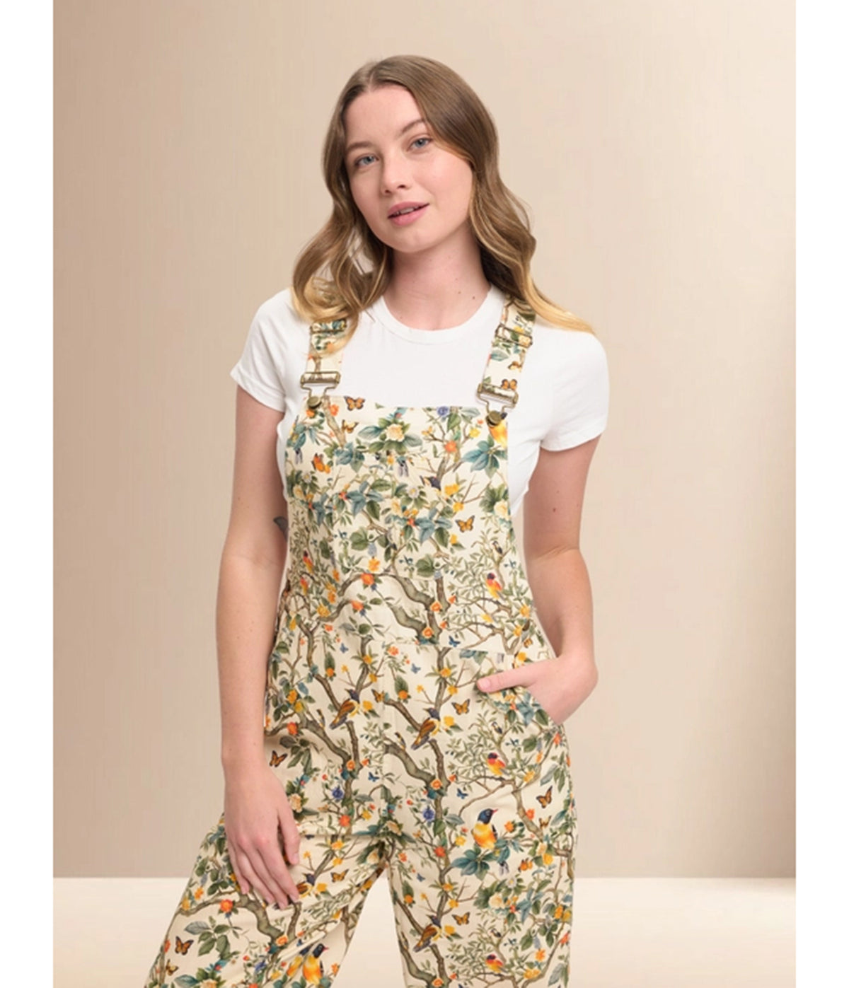 Cream Floral Bird Print Wide Leg Overalls