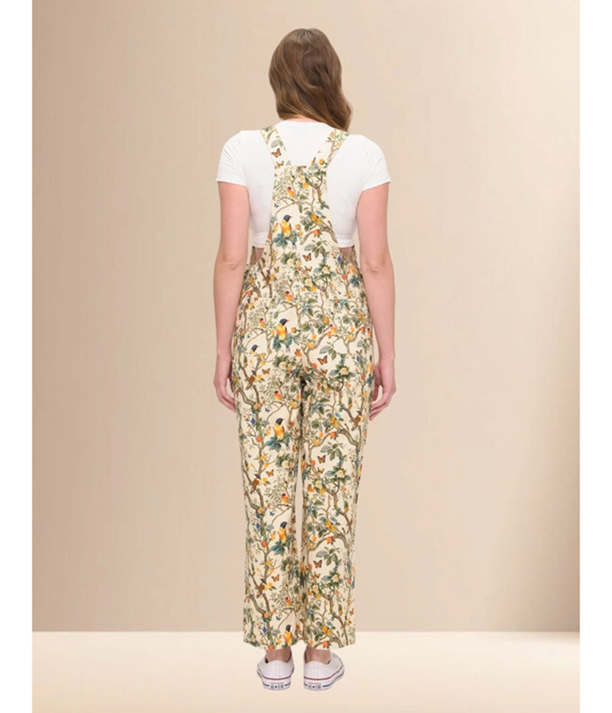 Cream Floral Bird Print Wide Leg Overalls