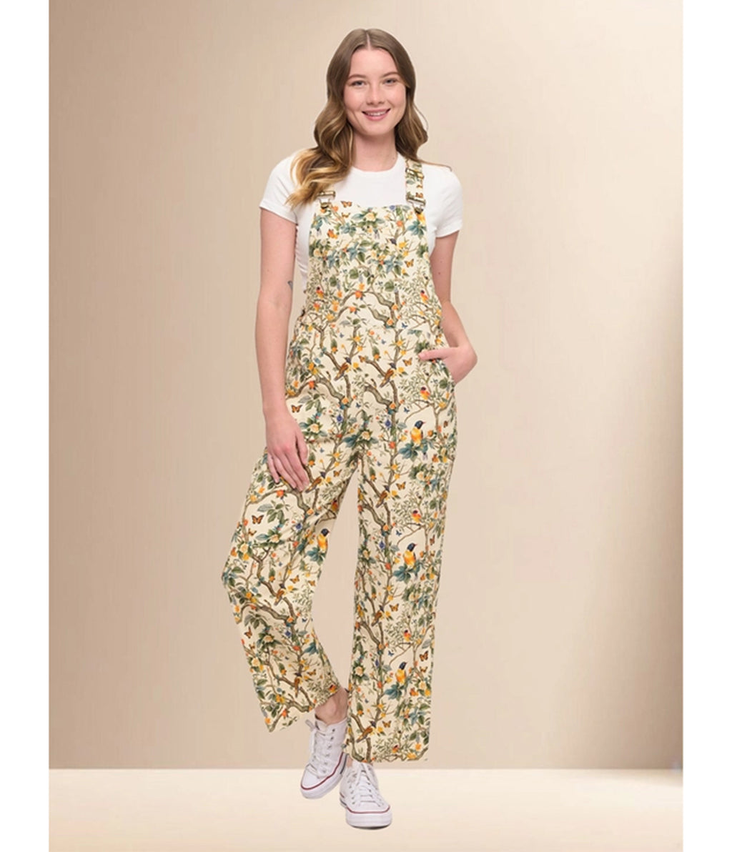 Cream Floral Bird Print Wide Leg Overalls