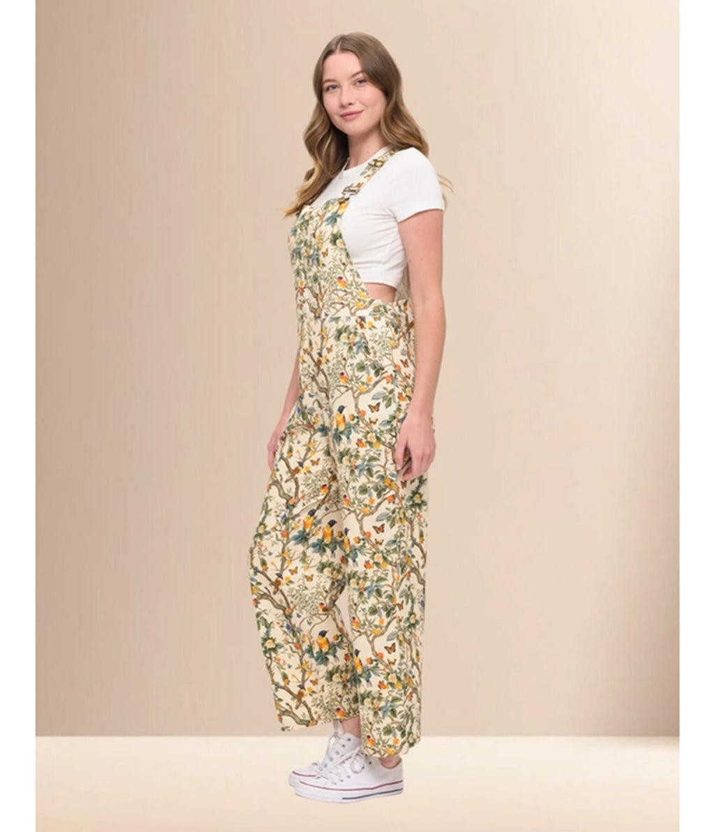 Cream Floral Bird Print Wide Leg Overalls